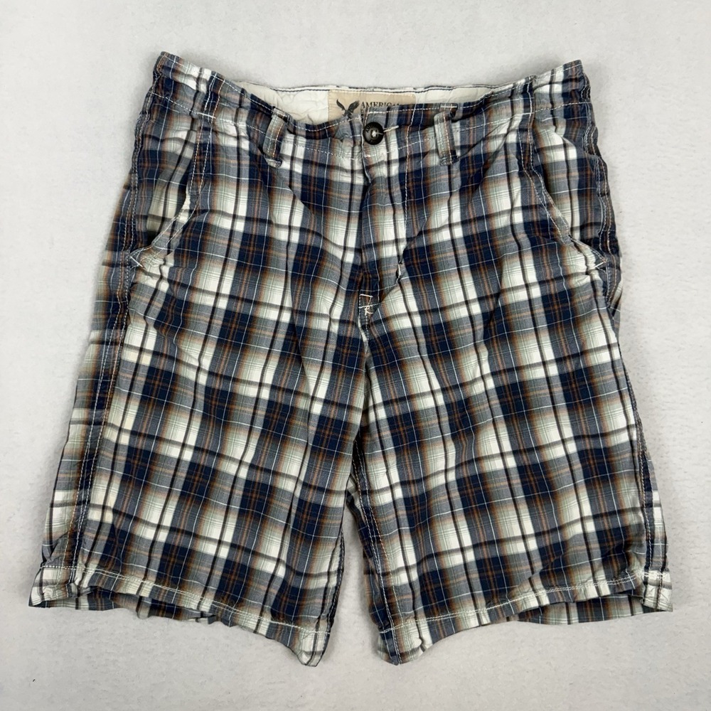 American Eagle Men's 32 Plaid Longer Length Shorts Flat Front Cotton Blue Gray